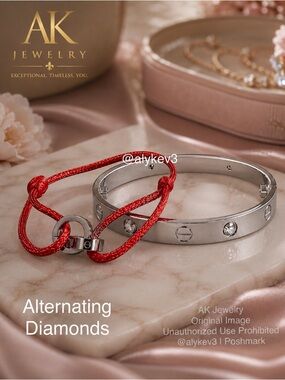 💎2 Piece Silver Diamond Cuff Bangle & Red String Set |AK Jewelry™